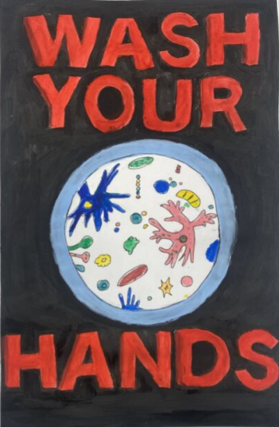 Warning to wash hands with Bacteria trapped inside a soap bubble